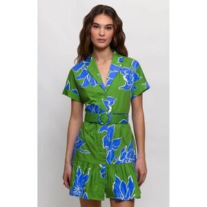 Hutch Green Blue Floral Belted‎ Mini Shirt Dress NWT XS Short Sleeve Ruffle Hem